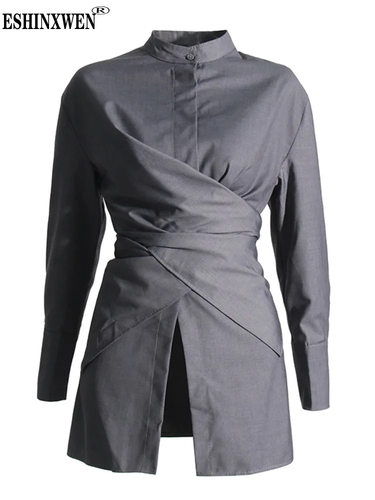 Eshin מינימליסטי חולצות לנשים לעמוד צווארון שרוול ארוך משולבים יחיד עם חזה טוניקה, חולצה נשית בגדי אופנה TH4568 - 0