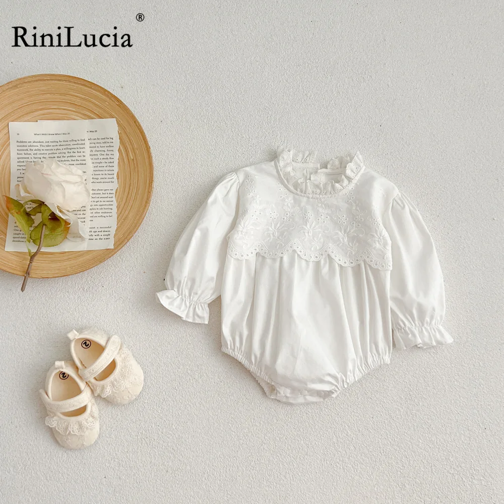 RiniLucia תינוק מתוק בנות רומפר מוצק שרוול ארוך פרחוני תחרה התינוק Rompers התינוק Playsuit סתיו סרבלים היילוד בגדים - 0