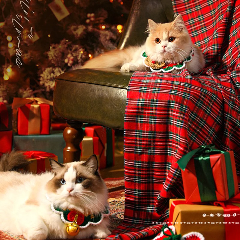 חג המולד שנה החדשה סינר אביזרים הקשת בל מתכוונן לחיות מחמד חמוד ארוגים צווארון צמר צווארון כלבים וחתולים יפה צווארון מזויף - 0