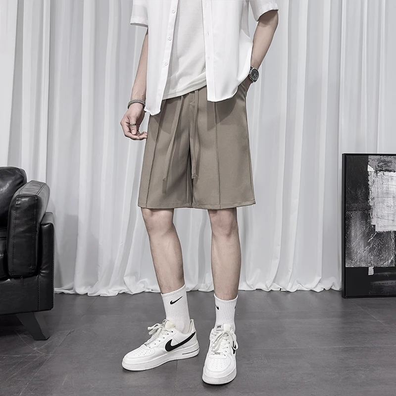 קוריאני אופנה קיץ ישר חליפת מכנסיים קצרים לגברים Calssic מוצק צבע באגי מזדמנים מכנסיים קצרים זכר Ealstic המותניים אורך הברך - 0
