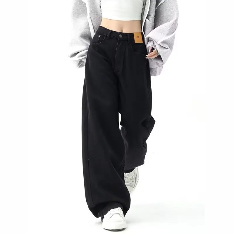 קוריאני שחור יסודות רחבים ישר ג 'ינס נשים אופנה אופנת רחוב גבוהה המותניים רחב הרגל מכנסי ג' ינס נשי משוחרר ז ' אן מכנסיים Y2K - 0