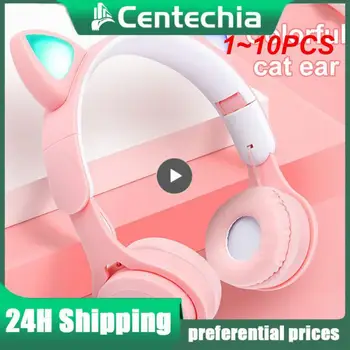 1~10PCS אור פלאש חתול חמוד האוזניים אוזניות אלחוטיות עם מיקרופון בקרת LED ילד ילדה סטריאו מוסיקה הקסדה טלפון דיבורית