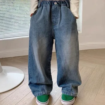2023 האביב החדש נוח גרין ג 'ינס מכנסיים רחבות בנים ובנות כל משחק החוץ סגנון מזדמנים תפירת מכנסיים ג' ינס בנות