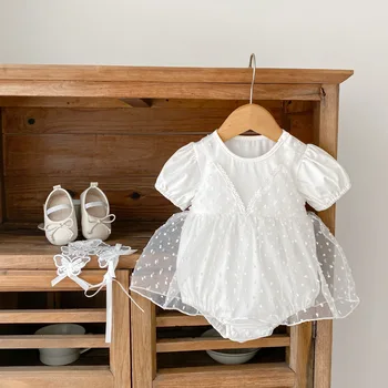 2023 הקיץ בייבי בנות בגד גוף שמלה שרוול קצר תחרה רשת טלאים הנסיכה סרבל תינוק יום הולדת חתיכה אחת שמלות