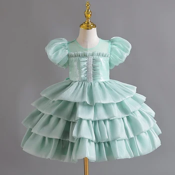 2023 הקיץ פאף שרוול עוגת יום הולדת שמלת ילדה תינוק בגדי טבילתו שמלת נסיכת בנות שמלות מפלגה טקס שמלת 0-5Y