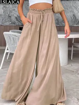2023 נשים בגדי קיץ גבירותיי מכנסיים מזדמנים אופנה שרוך רחב הרגל עם מכנסיים משלוח חינם אלסטיים מותן צבע מוצק