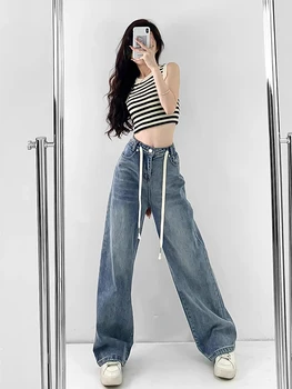 2023 סתיו חורף Harajuku רופף ג 'ינס וינטג' גבוה מכנסיים מותן של נשים Y2K רחב הרגל באגי בסגנון אופנת רחוב ג ' ינס מכנסיים