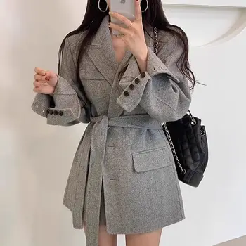 2023 סתיו חליפת צווארון תחרה עם חזה סלים מקרית תכליתי צמר מעיל לנשים בציר קוריאני אופנה מעיל מעיל z3007