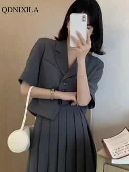 2023 קיץ אופנה קוריאנית המכללה שיק מתוק של נשים חצאית ערכות דש קצר שרוול חליפת ז ' קט עם קפלים שמלה 2 חתיכת קבוצה