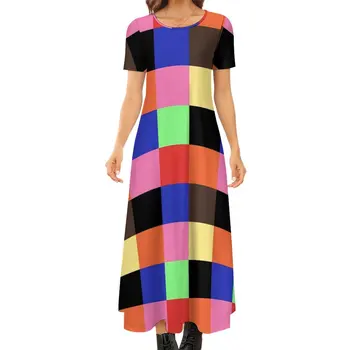 Colorblock שמלה צבעונית טלאים רחוב בסגנון בוהו חוף שמלות ארוכות נשי רטרו, שמלת מקסי גדול גודל