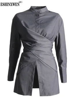 Eshin מינימליסטי חולצות לנשים לעמוד צווארון שרוול ארוך משולבים יחיד עם חזה טוניקה, חולצה נשית בגדי אופנה TH4568