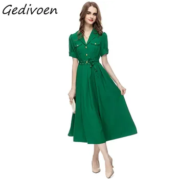 Gedivoen מעצב אופנה קיץ בציר שמלה ירוקה נשים Turn-למטה צווארון רב כיס כפתור לבנות ויפות מסיבת החג Midi שמלה