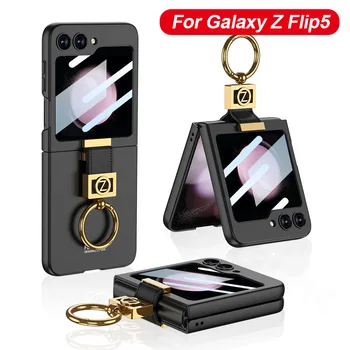 GKK יוקרה ציפוי טבעת מחזיק Case For Samsung Galaxy Z Flip 5 5G חזרה מסך זכוכית מט קשה PC כיסוי לגלקסי Z Flip5 מקרה