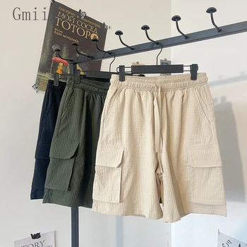 Gmiixder וופל Workwear מכנסי גברים צינור ישרה חופשי מזדמן חצי מכנסיים יפן פונקציונלי ספורט גדול בכיס מכנסי Mens