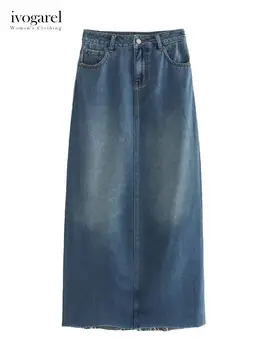 Ivogarel דהוי למתוח ג ' ינס חצאית עיפרון נשים של מקסי עם חצאית גבוהה המותניים הבלוי דהוי עיצוב לולאות החגורה חמש-כיס סטיילינג