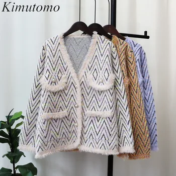 Kimutomo וינטג ' חופשי פסים צבע ניגודיות ציצית סוודר אישה אלגנטית V-צוואר יחיד חזה שרוולים ארוכי סריגה סוודר