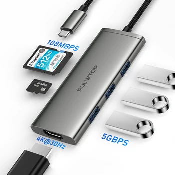 PULWTOP 6 ב 1 USB C רכזת MacBook Pro/Air, תחנת עגינה עם 4K HDMI 3*USB 3.0 SD/TF, USB מפצל עבור סוג C מכשירים