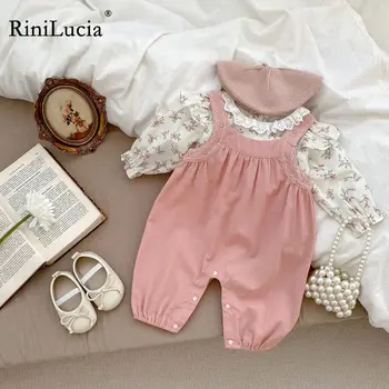 RiniLucia 2023 תינוק שרק נולד ילדה הבגדים להגדיר סתיו ארוך שרוול פרחוני חולצות רקמה רומפר התינוק 2Pcs תלבושות תינוק חליפות