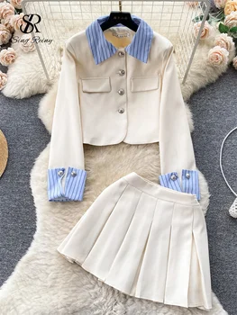 SINGREINY יפן סגנון מתוק חליפות פסים צווארון פולו אחת עם חזה קרדיגן+מיני עם קפלים החצאית 2023 סתיו האופנה הנשים סטים