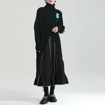 SuperAen 2023 סתיו אופנה פשוטה התחתונה פיצול סרוגים שמלה רופפת גדול להניף זמן שמלת סוודר