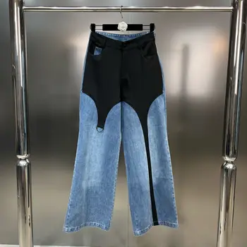 SuperAen אירופאי ואמריקאי המפורקת ניגודיות צבע טלאים ג ' ינס סתיו עיצוב חדש צינור ישרה שטף מכנסיים