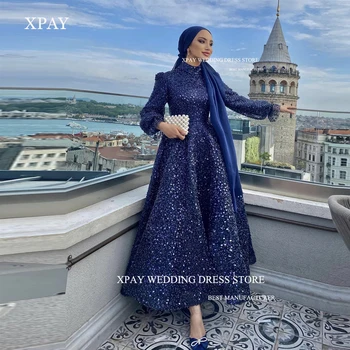 XPAY נוצץ נצנצים מוסלמית ערבית דובאי נשים שמלות ערב כחול כהה גבוה צוואר שרוולים ארוכים הרשמית שמלות לנשף מסיבת הקרסול