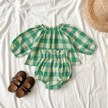 אביב סתיו חדש תינוקות שרוול ארוך להגדיר ירוק משובץ חולצה חולצות + מכנסיים קצרים 2pcs חליפת תינוק תינוק רופף חברות מקרית