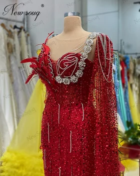 אדום חרוזים כתף אחת שמלות ערב גלימות דה נשף בתוספת גודל נשים נוצות בת ים שמלה לנשף סיום שמלות 2023