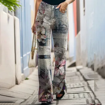 אופנה נשים בבגדים דמוי ג ' ינס מקרית רחב הרגל המכנסיים בציר Vetement פאטאל יוקרתי Mujer הדפס אתני בסגנון אופנת רחוב