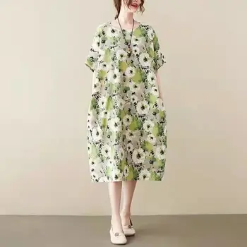 אמנות רטרו הקיץ אמצע אורך השמלה של נשים קיץ בערבה שיק קטן ירוק טרי חופשי נוח כיסי בתוספת גודל שמלות