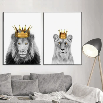 אריות עם כתר פוסטרים, הדפסי בד ציור שחור לבן אמנות קיר הסלון המודרני עיצוב הבית תמונות של בעלי חיים