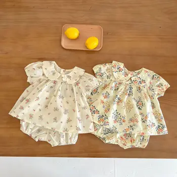 בייבי בנות מקסימות פרחוני עם שרוול קצר חולצות + מתבגר קצרים(חיתול מכסה) תינוק 100% כותנה אורגנית תלבושת סטים 0-36 חודשים