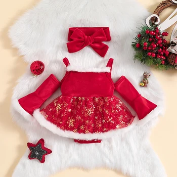 בנות תינוק חג המולד רומפר השמלה פתית שלג משובצת הדפס טלאים כתף קרה זיקוק ארוך שרוול סרבל סרט