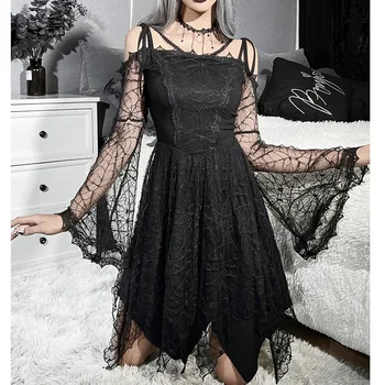 גותי DressGoth כהה בסגנון הגותי תחרת שחבור חצאית עכביש חזק בגד גבוהה המותניים הרזיה השמלה FemaleGoth השמלה