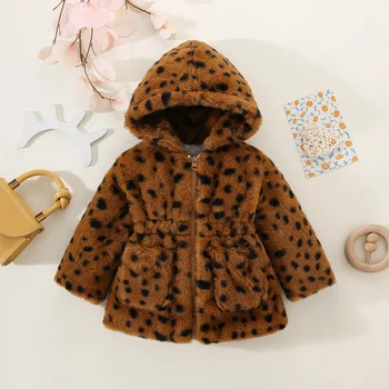 החורף ילדה ארוך שרוול קטיפה מעיל עם ברדס הפרווה מעובה כותנה מעיל לילדים חם אופנה נמר הדפסה בגדי תינוק