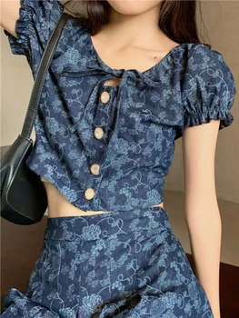 וינטג ' פרחוני אלגנטי 2 חתיכת השמלה להגדיר נשים שרוול קצר Y2k יבול גג + סלים מיני Skrits 2023 קיץ אופנה קוריאנית מתאים