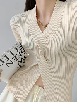 חדש 2023 סתיו חורף סוודר הנשים צוואר V לחצות צלעות כותנה שרוול ארוך העליון אופנה קוריאנית Pullovers סרוגים Knitwears