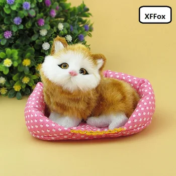 חדשות החיים האמיתיים חתול דגם בסיבוב מחצלת פלסטיק&פרוות צהוב squating חתול מתנה על 13x10cm xf1203
