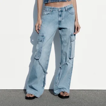 חם חדש אופנה ג 'ינס רופף טיול רצועת קישוט אמצע המותן מטען ג' ינס, מכנסיים לנשים
