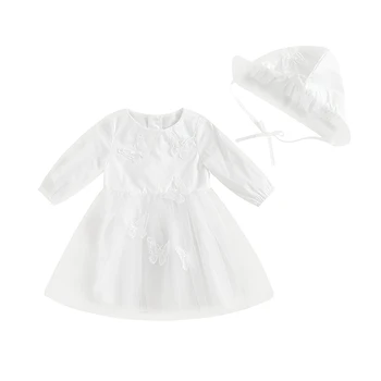 ילדה 2-קטע תלבושת שרוול ארוך צוואר צוות פרפר טול טלאים קו-שמלה עם כובע סתיו תלבושת