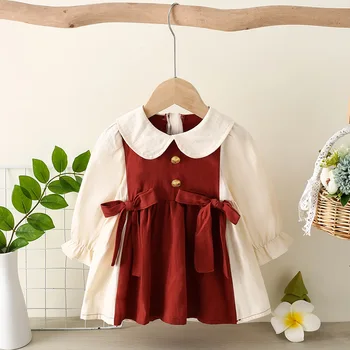 ילדה הסתיו שרוול ארוך לתינוק שמלת נסיכת בובה הצוואר משולבים עניבת פרפר שמלת ילדה 0-3 בת בגדי ילדים