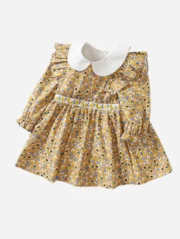 ילדה שמלת נסיכה סתיו אביב שיק קפלים פיטר פן צווארון, חצאית ילד ילד אופנה צהוב הדפסה רקמה פרחונית ללבוש.