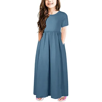 ילדים תינוק בייבי בנות אביב קיץ מוצק שרוול קצר מפואר שמלת נסיכה נוער בנות שמלות ילדה 3 שנים