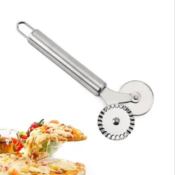 כפול רול פיצה, סכין פלדת אל-חלד פסטה חותכן עגול תחרה פיצה גלגל בצק Crimper כלי מטבח.