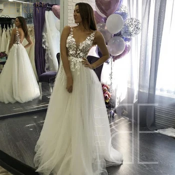 לבן טול כלות, חתונה, שמלות למסיבות צוואר V שמלת החתונה נשים-קו אלגנטית שמלה אלגנטית ויפה שמלות