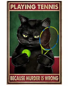מצחיק שירותים ציטוט וינטג מתכת פח סימן קיר בעיצוב שחור-חתול משחק טניס-בית/חדר האמבטיה שלך/משרד/בית קפה/בר עיצוב אמנות סימן פא