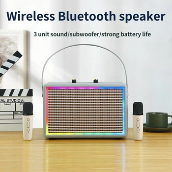 ניידת גבוהה-כוח אלחוטית קריוקי רמקול עץ רטרו עור PU רמקול RGB אור מסיבה K - שיר אודיו Bluetooth עם מיקרופון כפול