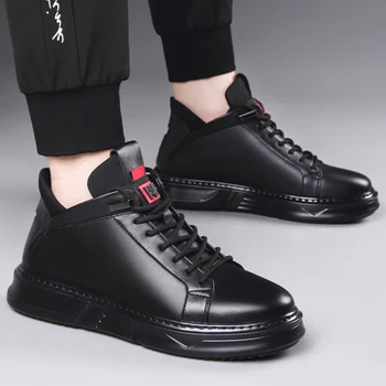 נעלי גברים חורף עבה הבלעדי גבוה למעלה גברים נעלי של קוריאה מהדורת עור אמיתי תכליתי שטחי כותנה נעליים עם חום