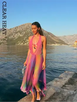 נשים אופנה סקסית לקשור צבע צוואר V שמלת הקולר תחרה ללא משענת שרוולים שמלות 2023 קיץ גבירותיי חופשה על החוף Vestidos