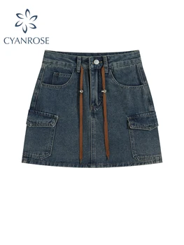 נשים מטען מכנסי ג 'ינס קצרים, חצאית Y2k קיץ חצאית Harajuku קוריאנית מזדמנים בנות ה-90 אופנה וינטג' כחולה קו חצאית מיני בגדים